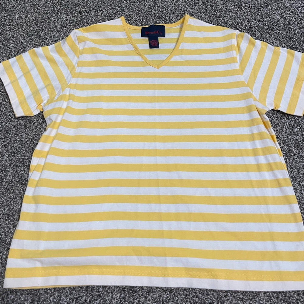 Denim & Co yellow and white striped v neck short sleeve shirt L